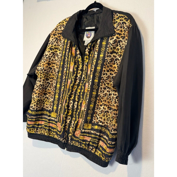 Vtg Womens Sz L Silk Bomber Jacket Black Gold Chains Leopard Full Zip - Picture 2 of 5